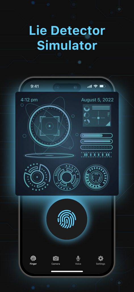 Interface de l'application du simulateur de détecteur de mensonges avec scanner d'empreintes digitales et graphiques technologiques