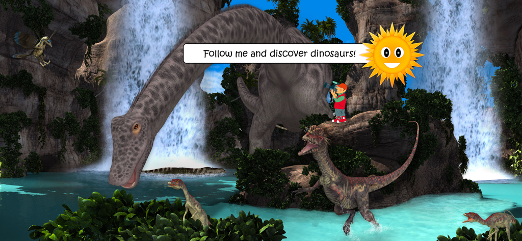 Dinosaurs (full game) - Vibrante paisaje prehistórico con dinosaurios y cascadas del juego educativo Dinosaurios