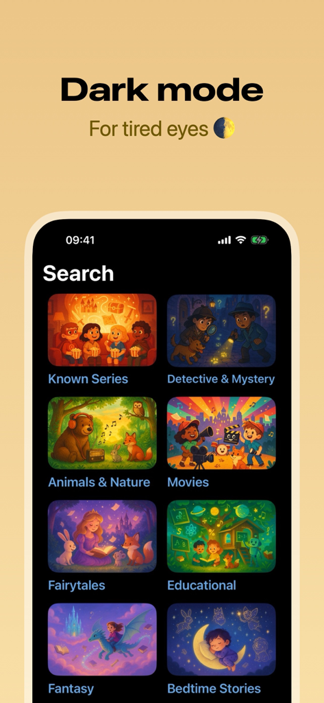 HörBär - Kids Stories - Pantalla de búsqueda de la aplicación HorBar en modo oscuro que muestra categorías de cuentos ilustradas para niños