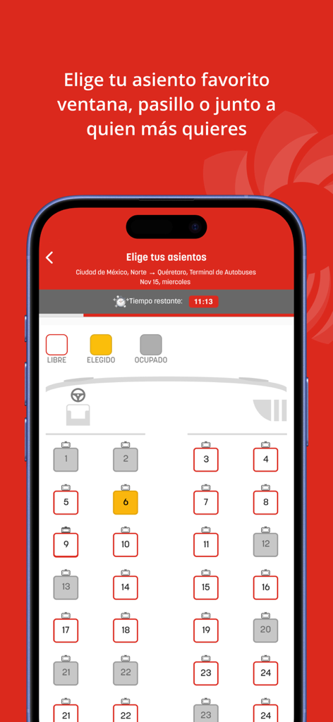Pantalla móvil de la aplicación Primera Plus que muestra el mapa de asientos de un autobús de lujo para la reserva de boletos.