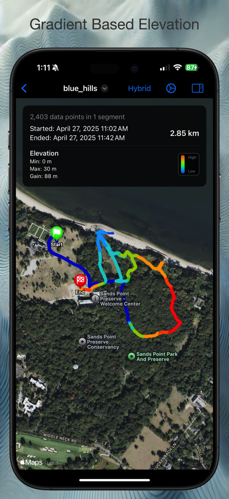 GPXExplore: GPX Track Viewer - GPXExplore app showing a GPS track with elevation gradient colors on a hybrid map view