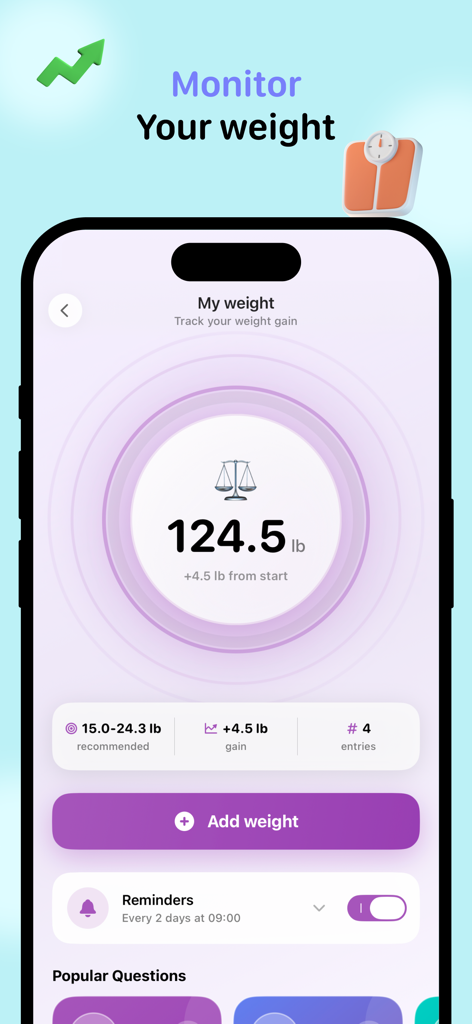 Mama Ai app interface showing pregnancy weight monitoring with current gain and progress stats