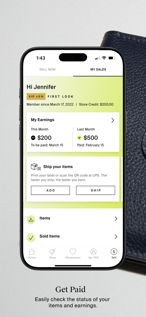 The RealReal mobile app seller dashboard showing monthly earnings and item shipping status for luxury consignment.