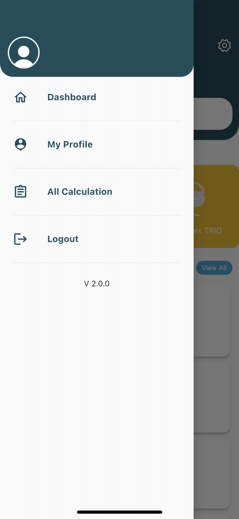 Biotech Calculators - Side navigation menu of the Biotech Calculators app for eye surgeons showing dashboard and calculation history links.
