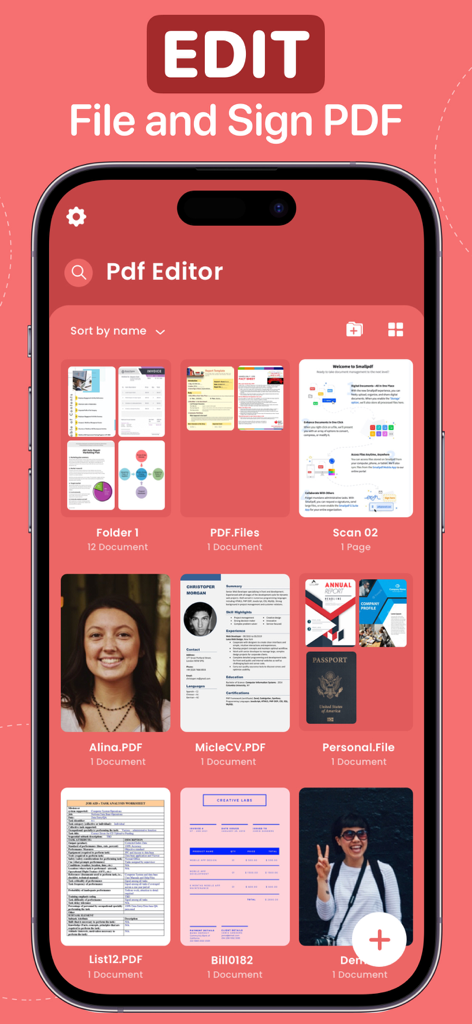 PDF Editor : Document Reader - PDF Editor app interface showing various files and folders for document management