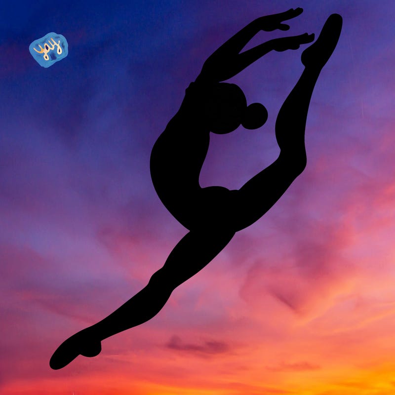 gymnast doing a leap in a leotard with a bent back leg