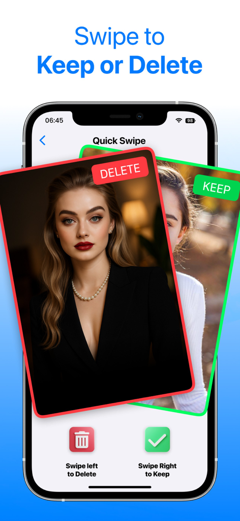 Cleanout app interface showing a card stack to swipe left to delete or swipe right to keep photos
