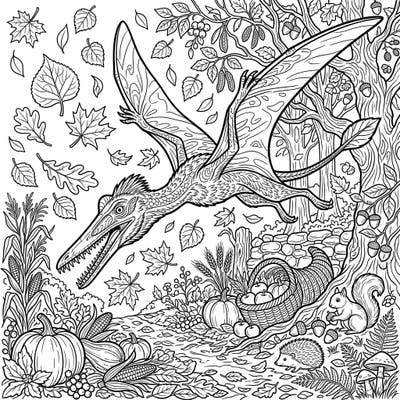 Embark on a prehistoric journey this fall with our captivating Campylognathoides pterosaur coloring page. Dive into a richly detailed autumn harvest scene, complete with falling leaves, pumpkins, and delightful woodland creatures.