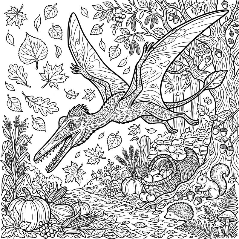 Embark on a prehistoric journey this fall with our captivating Campylognathoides pterosaur coloring page. Dive into a richly detailed autumn harvest scene, complete with falling leaves, pumpkins, and delightful woodland creatures.
