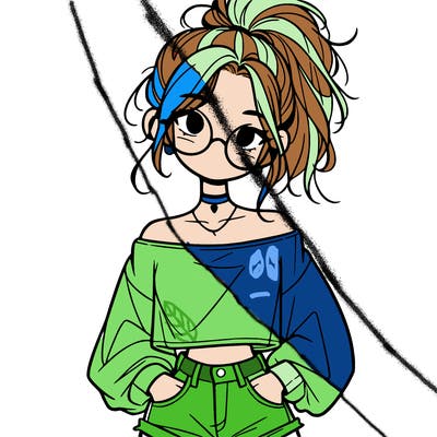 girl with a messy ponytail glasses a baggy crop top and jean shorts