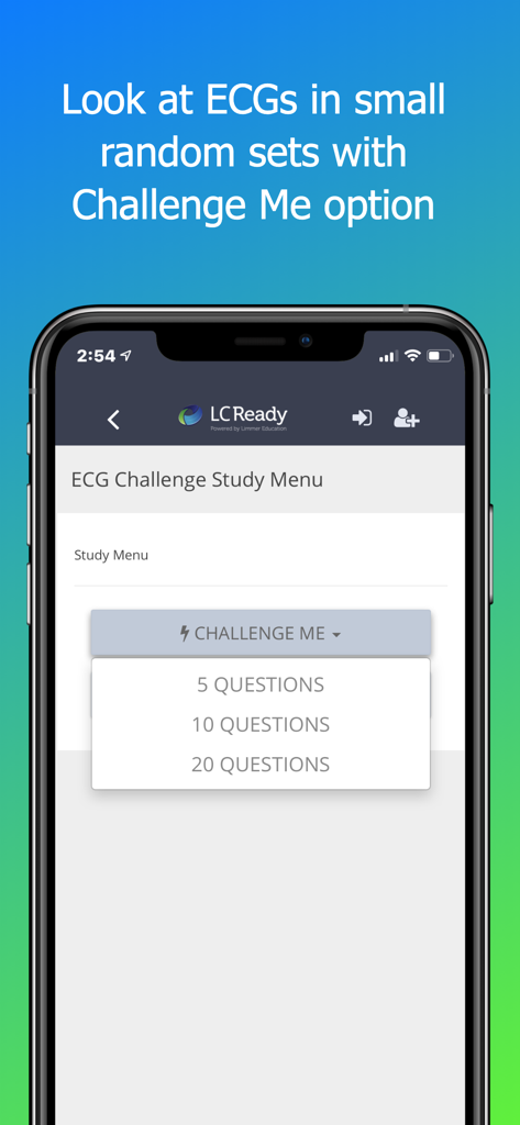 ECG Challenge App-Studienmenü mit Optionen für Quizlängen von 5, 10 und 20 Fragen.