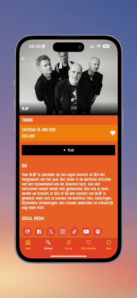 Concert at SEA 2025 - Concert at SEA 2025 mobile app showing the artist profile for the band BLOF with timing and biography