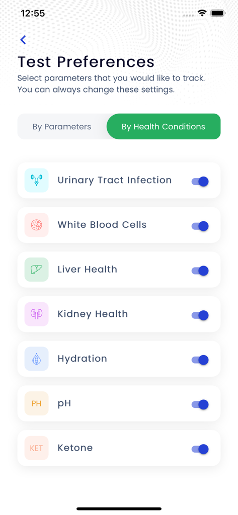 Urinox - Urinox app Test Preferences screen showing toggles for tracking health conditions like UTI kidney health and ketones