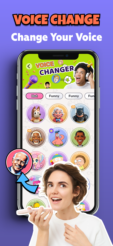 A smartphone displaying a voice changer app with various celebrity and cartoon character icons for voice manipulation