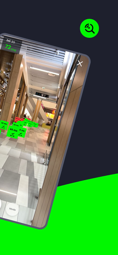 AR WiFi&5G - Augmented reality view showing network latency markers on a building floor