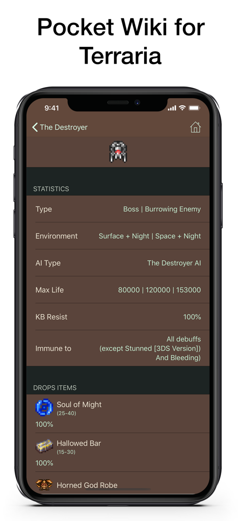 Screenshot di Pocket Wiki per Terraria che mostra le statistiche e i drop del boss The Destroyer.