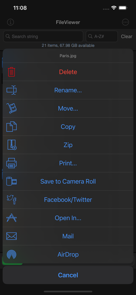 FileViewer USB for iPhone - Menú contextual en la aplicación FileViewer USB que muestra opciones de gestión de archivos como renombrar, mover, copiar y comprimir