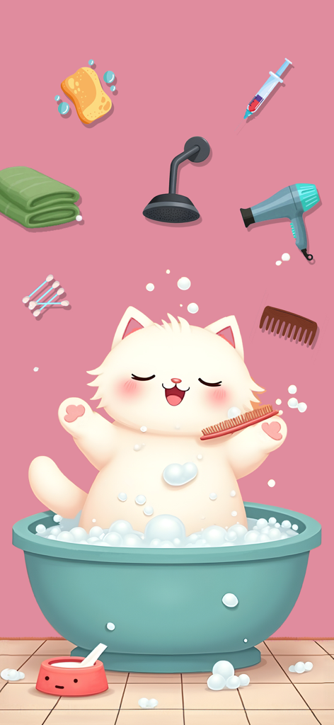 Sort It Right: Relax Puzzle - Un lindo gato blanco disfrutando de un baño de burbujas con artículos de aseo flotantes en un acogedor juego de puzzle