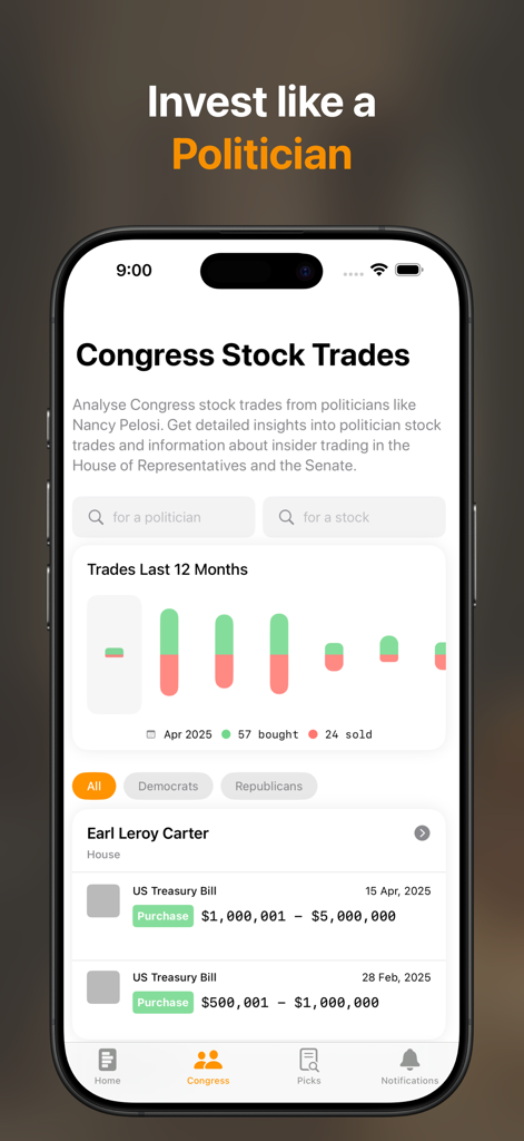 Stock Insider: Track Trades - Pantalla de la aplicación móvil que muestra la función de seguimiento de operaciones de acciones del Congreso con datos de inversión para políticos