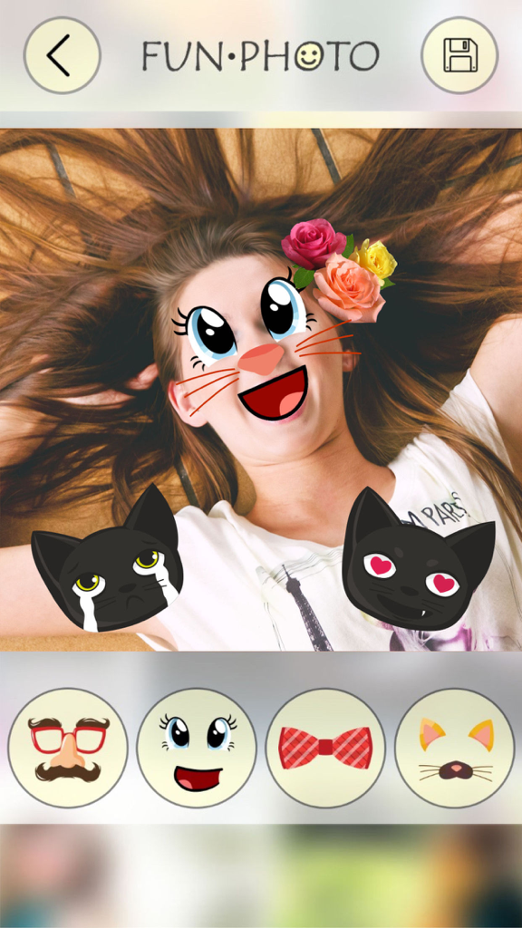 Face Changer - Masks, Effects, Crazy Swap Stickers - Una captura de pantalla de la aplicación Face Changer que muestra a una chica con ojos de dibujos animados, bigotes y stickers de flores aplicados a su foto.
