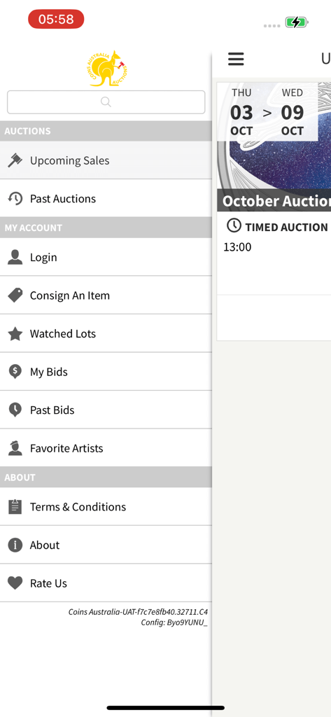 Menu de navegação lateral do aplicativo Coins Australia Auctions com categorias de leilão e configurações de conta de usuário