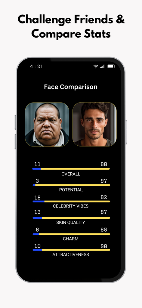 BodyIQ – Track Your Body - BodyIQ app screenshot showing a side-by-side AI face comparison with statistical scores for attractiveness and skin quality