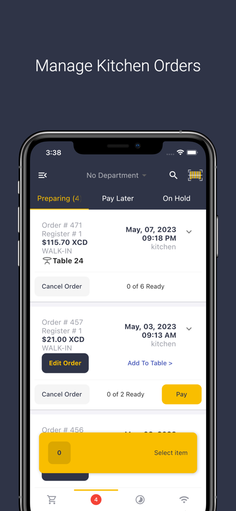CURI POS app interface on an iPhone displaying the kitchen order management screen with a list of active and pending orders