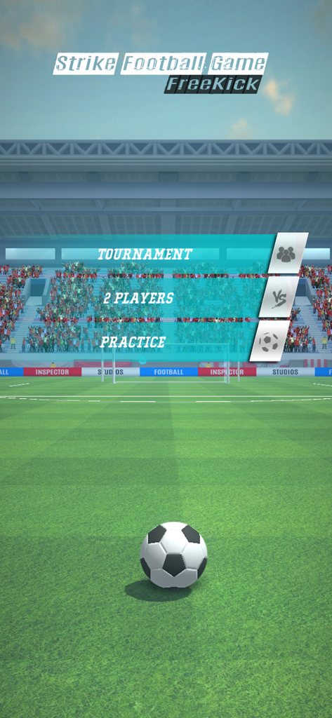 Strike Football Game FreeKick - Strike Football Game FreeKick main menu showing Tournament, 2 Players, and Practice modes on a soccer field background