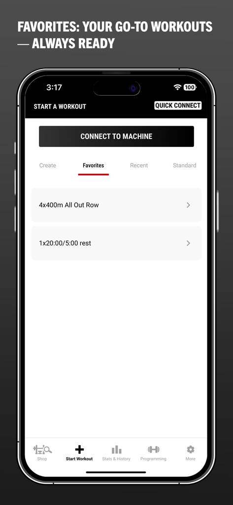 Rogue App - Écran de l'App Rogue montrant une liste d'entraînements favoris et un bouton de connexion à la machine