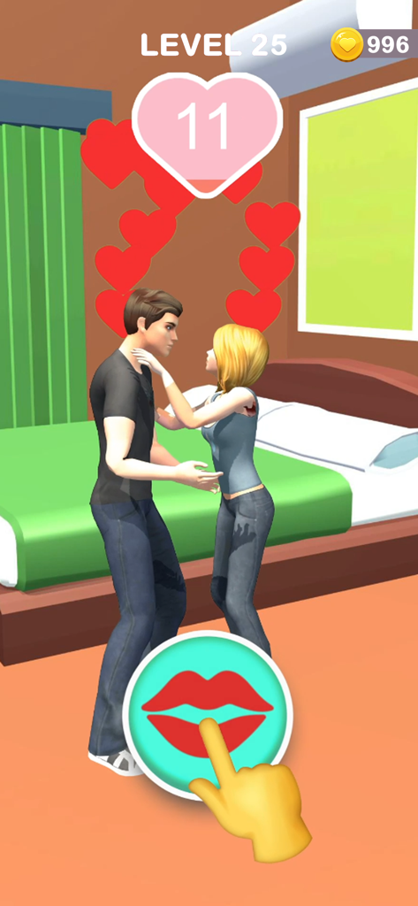 Gameplay screenshot of Couple Life 3D showing a man and woman in a bedroom with an interactive kiss button.