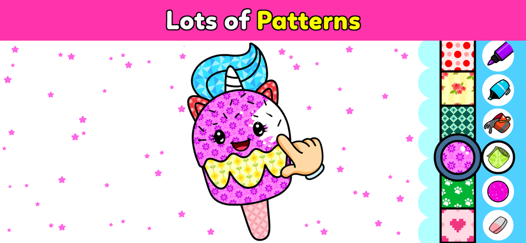 My Unicorn Coloring Club Games - Usuario aplicando patrones a un personaje de unicornio en la aplicación de colorear.