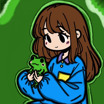 girl with long hair and a oversized shirt. and she is holding a frog