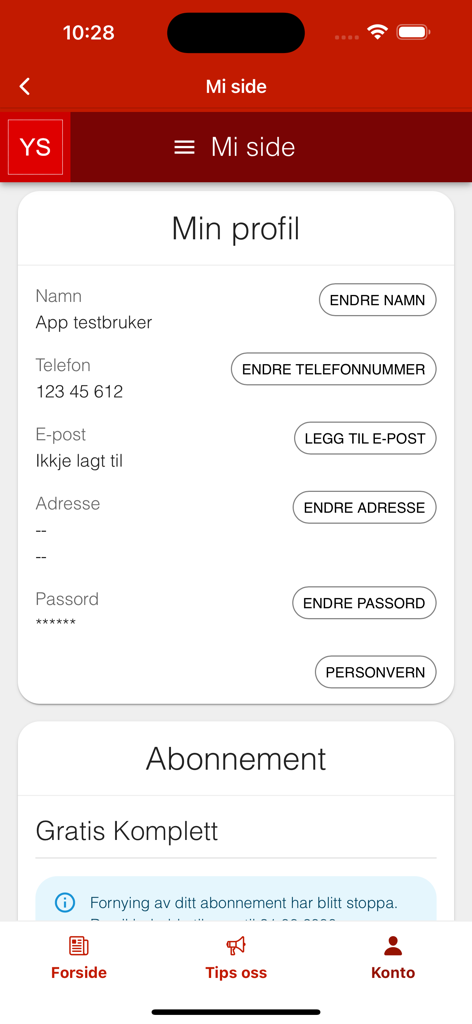 Perfil de usuario y pantalla de gestión de suscripción en la aplicación Ytre Sogn