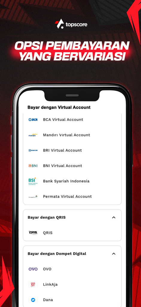 Topscore - Interfaz de la aplicación Topscore mostrando varias opciones de pago indonesias, incluyendo cuentas virtuales y billeteras digitales.