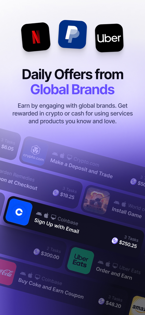 Klink: Earn Cash & Rewards - Klink app interface showing rewards for tasks from global brands like Netflix and Uber.