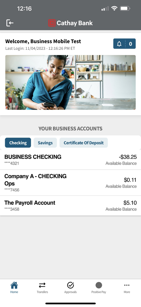 Cathay Bank Business Mobile - Cathay Bank Business Mobile home screen showing business account balances