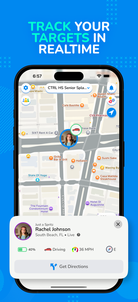 Splashin app interface showing real time location tracking and movement details of a target on a map