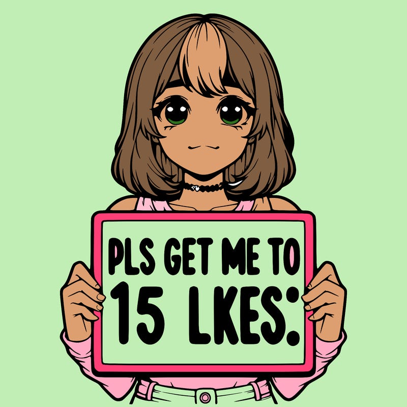 realistic girl holding up a sign that says “pls get me to 15 likes!”