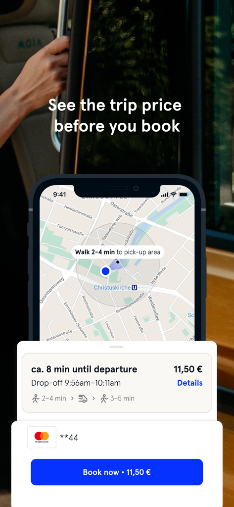 Smartphone screen of the MOIA app displaying a trip map, departure time, and fixed price before booking