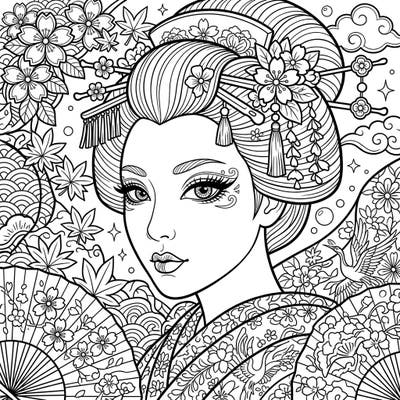 Unleash your creativity with this detailed coloring page featuring a geisha's iconic makeup and traditional Japanese elements. Perfect for adults and teens, dive into a world of cultural beauty and intricate patterns.
