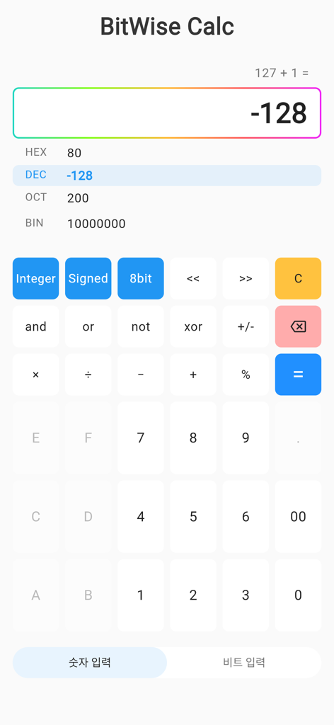 Interface of BitWise Calculator Pro displaying a signed 8-bit integer calculation and numeric base conversions