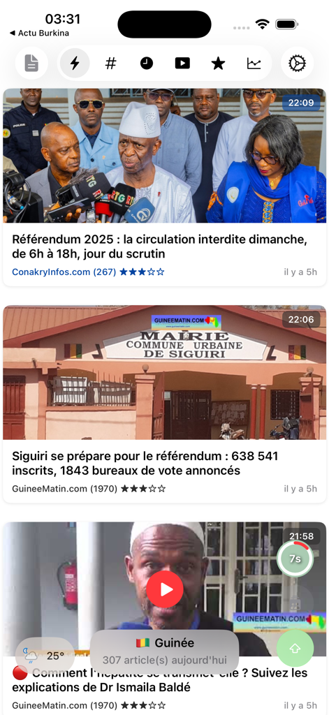 Actu Guinée - infos complètes - Mobile screen showing the latest news feed from Actu Guinee with articles about the 2025 referendum and local news from Siguiri.