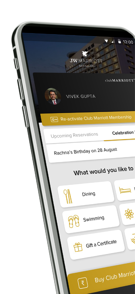 Club Marriott South Asia - JWマリオット・バンガロールのユーザープロファイル、ダイニング、ギフトオプションを表示するClub Marriott South Asiaアプリのダッシュボード