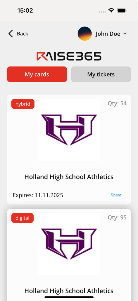RAISE365 app interface displaying digital discount cards for Holland High School Athletics fundraising