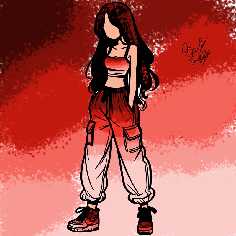 girl in baggy pants crop top and long hair