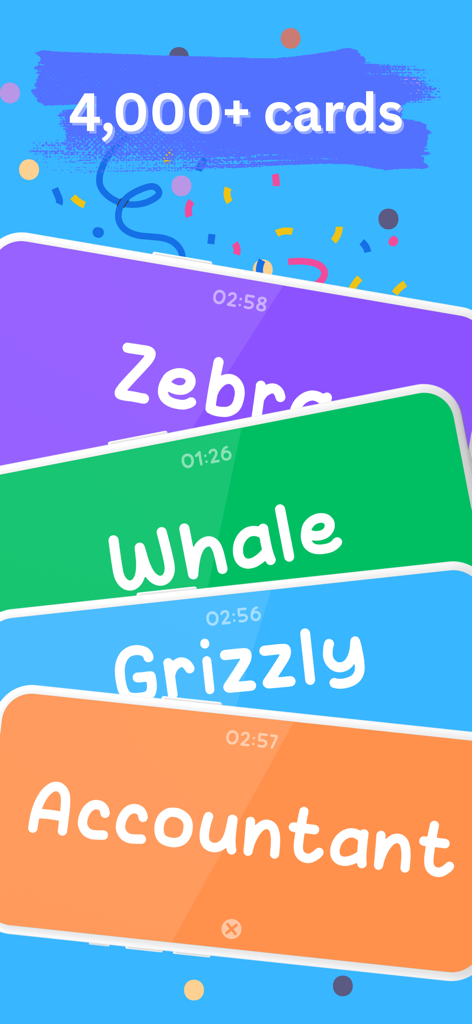 Charades: Guess the Word Game - Colorful word cards featuring categories like animals and professions in the Charades mobile app