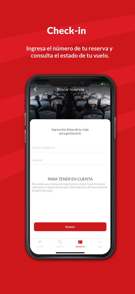 Tela de check-in móvel do aplicativo Avior Air para gerenciar reservas de voo.