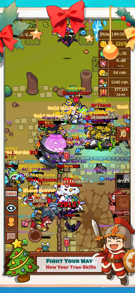 Treasure Hunter - Survival - A busy multiplayer battle in the pixel art RPG Treasure Hunter Survival with holiday decorations.