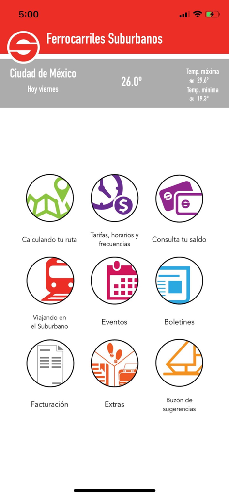 Mi Suburbano - Main menu of the Mi Suburbano app showing icons for route planning, schedules, and balance checking.