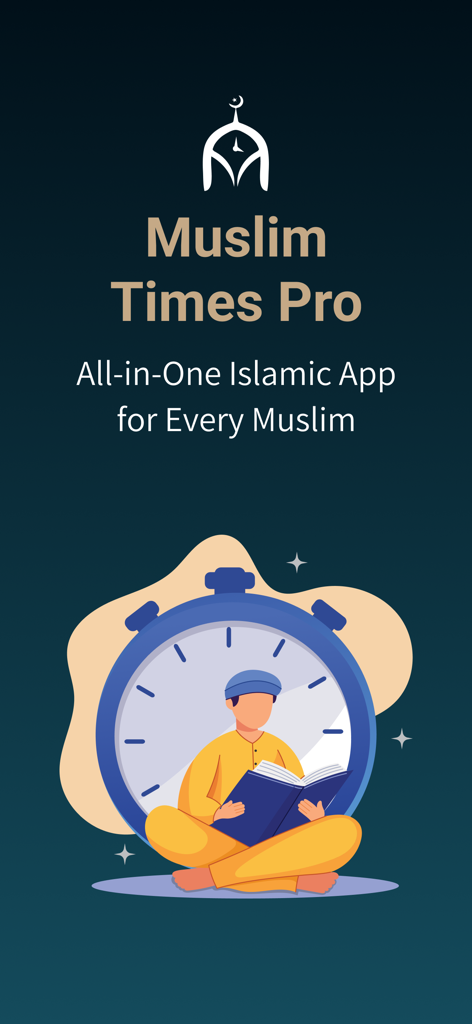 Muslim Times Pro: Prayer,Quran - Tela de boas-vindas do Muslim Times Pro com ilustração de um homem lendo o Alcorão em frente a um relógio de tempos de oração